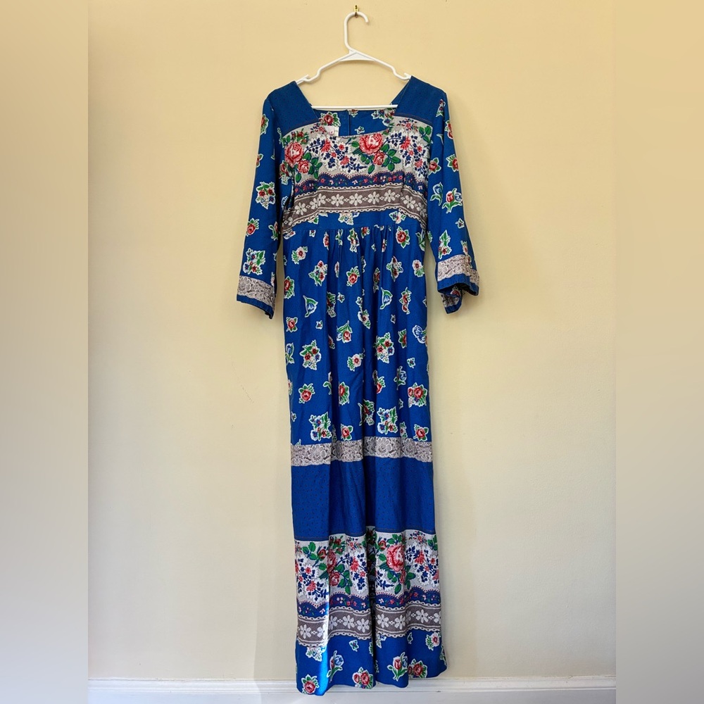 Vintage Danville Royal Blue Floral Maxi Dress with Lace Accents
